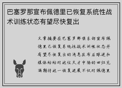 巴塞罗那宣布佩德里已恢复系统性战术训练状态有望尽快复出 巴塞罗那宣布佩德里已恢复系统性战术训练状态有望尽快复出