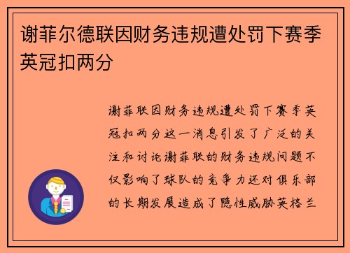 谢菲尔德联因财务违规遭处罚下赛季英冠扣两分 谢菲尔德联因财务违规遭处罚下赛季英冠扣两分